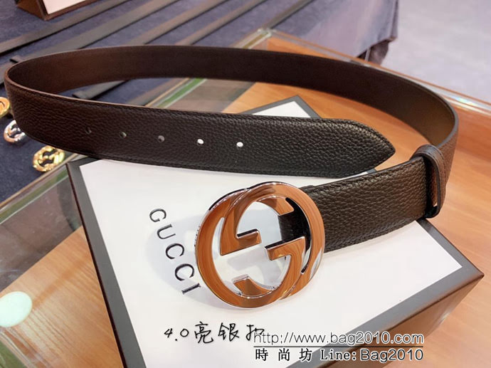 GUCCI古馳 官網爆款 正品規格 原單品質 togo荔枝紋牛皮 雙G亮面銀色扣 男士皮帶  xfp1076